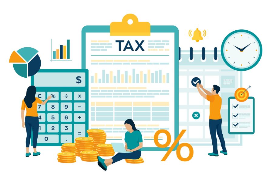 Concept tax payment. Data analysis, paperwork, financial research report and calculation of tax return. Payment of debt. Government, state taxes. Vector illustration in flat style with characters