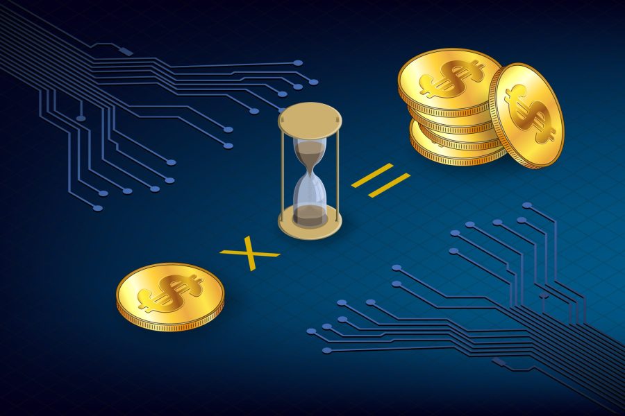 Isometric concept of earning coins during staking time with gold coins USD dollars and hourglass and PCB tracks on dark blue background. Website header or banner.