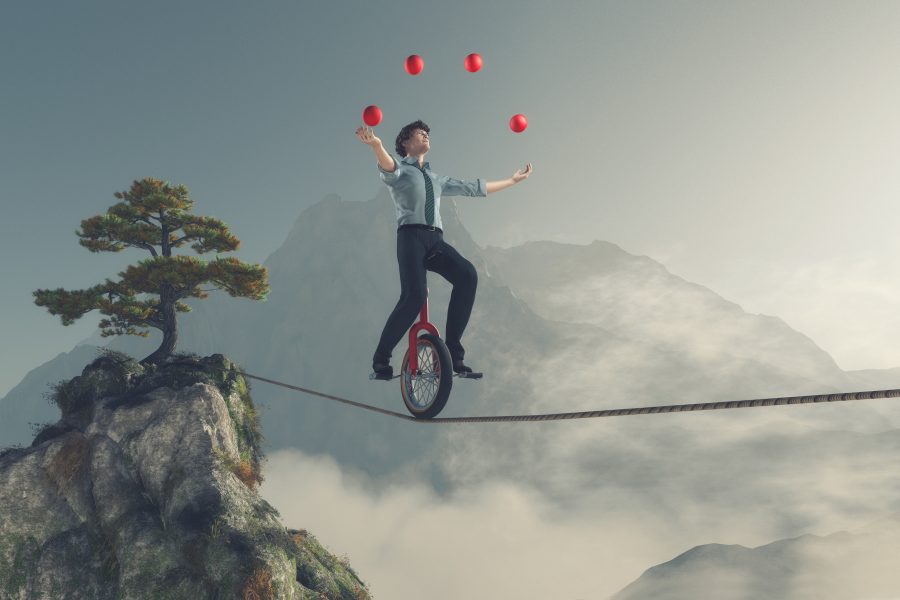Juggler is balancing on rope with a bike between two mountains. This is a 3d render illustration