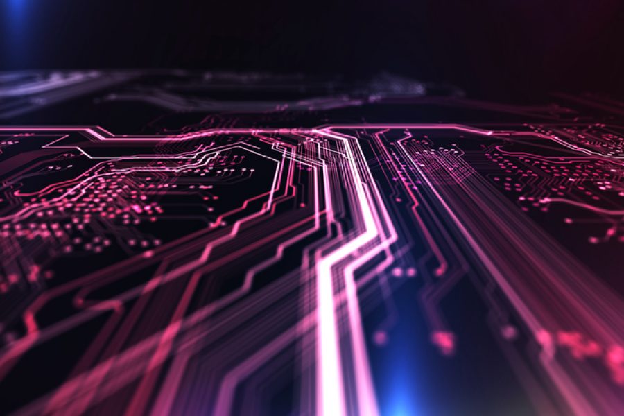 Technology background red and blue color, circuit board and code. 3d Illustration